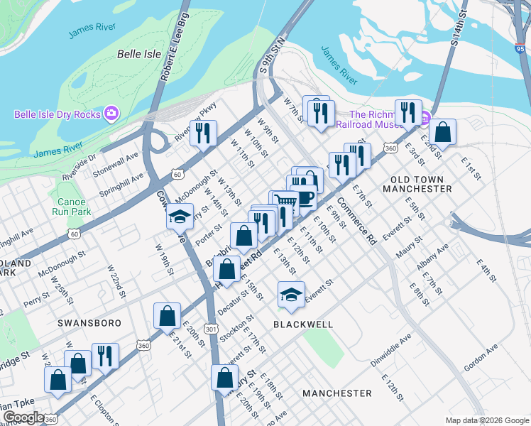 map of restaurants, bars, coffee shops, grocery stores, and more near 115 West 12th Street in Richmond