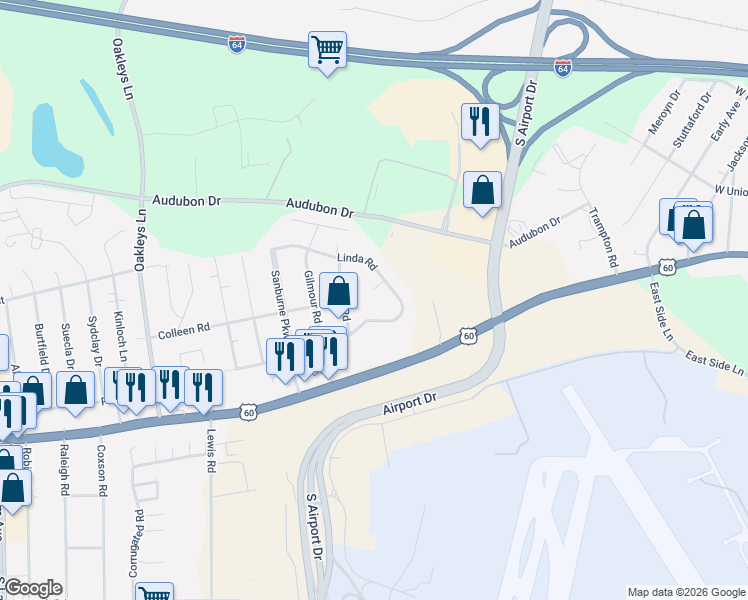 map of restaurants, bars, coffee shops, grocery stores, and more near 5709 Linda Court in Sandston