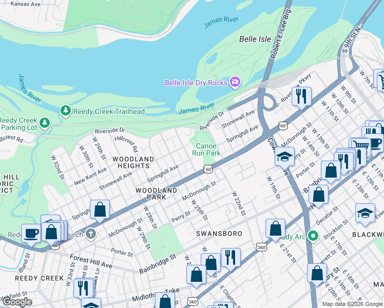 map of restaurants, bars, coffee shops, grocery stores, and more near 611 West 24th Street in Richmond