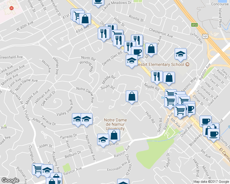 map of restaurants, bars, coffee shops, grocery stores, and more near 500 South Road in Belmont