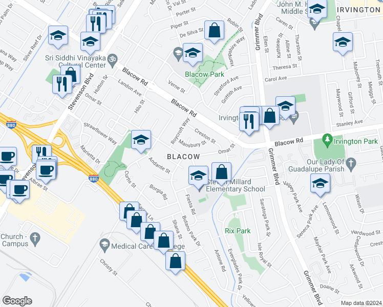 map of restaurants, bars, coffee shops, grocery stores, and more near 4941 Omar Street in Fremont