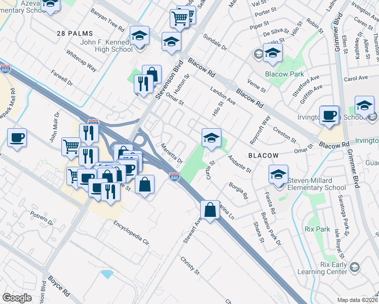 map of restaurants, bars, coffee shops, grocery stores, and more near 5528 Andromeda Circle in Fremont
