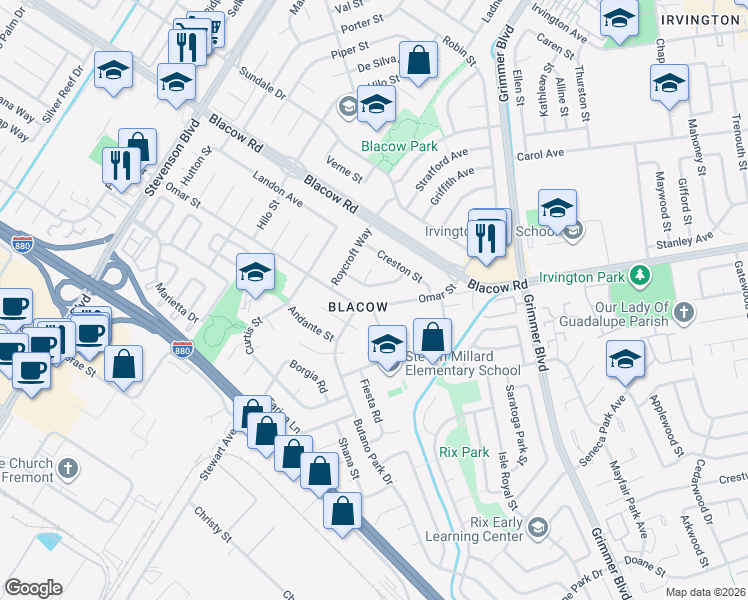 map of restaurants, bars, coffee shops, grocery stores, and more near 4941 Omar Street in Fremont