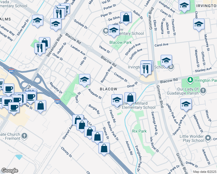 map of restaurants, bars, coffee shops, grocery stores, and more near 4953 Omar Street in Fremont