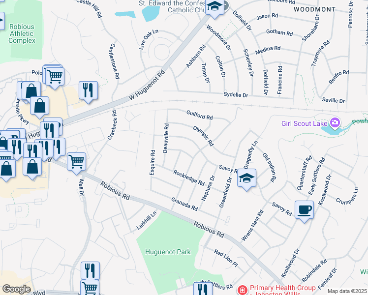 map of restaurants, bars, coffee shops, grocery stores, and more near 11018 Beechdale Road in Richmond