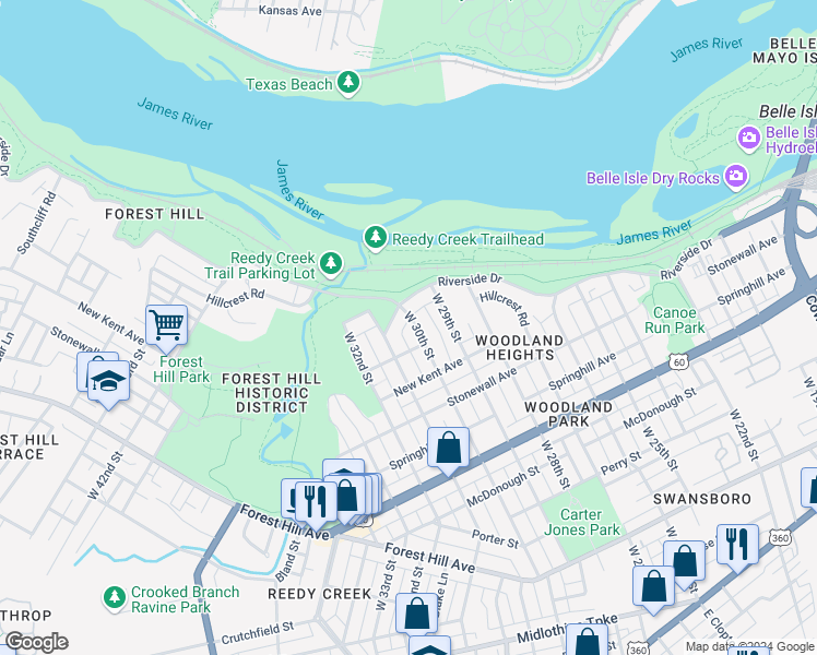 map of restaurants, bars, coffee shops, grocery stores, and more near 912 West 30th Street in Richmond