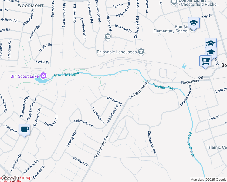 map of restaurants, bars, coffee shops, grocery stores, and more near 10182 Iron Mill Road in Richmond