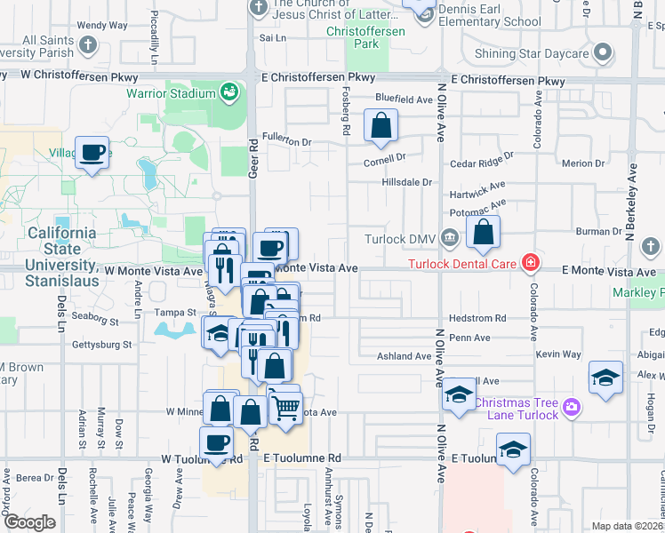 map of restaurants, bars, coffee shops, grocery stores, and more near 351 East Monte Vista Avenue in Turlock