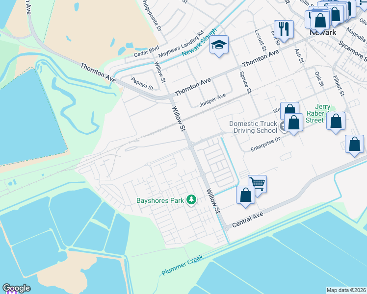 map of restaurants, bars, coffee shops, grocery stores, and more near 33335 Enterprise Drive in Newark