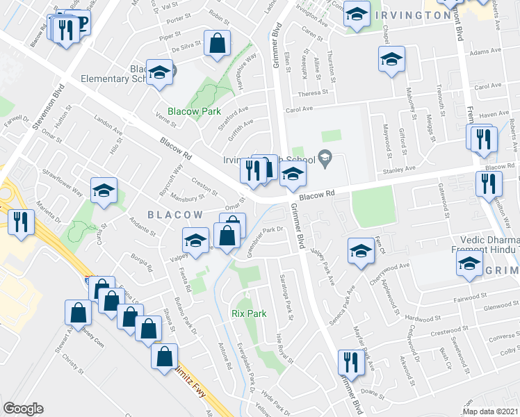 map of restaurants, bars, coffee shops, grocery stores, and more near 41200 Blacow Road in Fremont