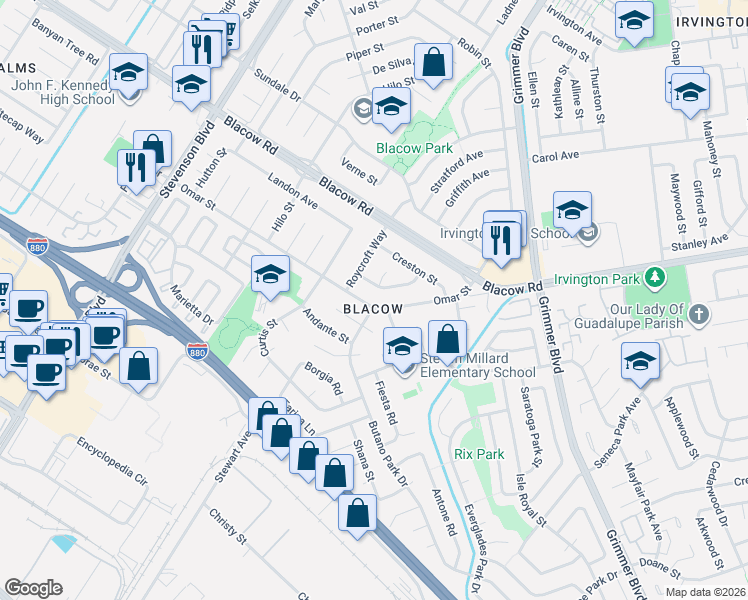 map of restaurants, bars, coffee shops, grocery stores, and more near 4933 Mansbury Street in Fremont