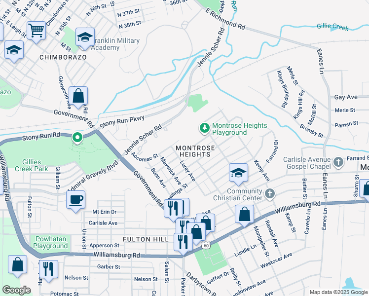 map of restaurants, bars, coffee shops, grocery stores, and more near 1908 Fenton Street in Richmond