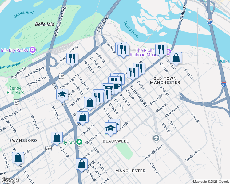 map of restaurants, bars, coffee shops, grocery stores, and more near 1000 Bainbridge Street in Richmond