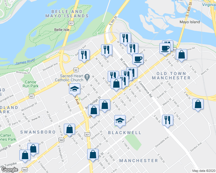 map of restaurants, bars, coffee shops, grocery stores, and more near 115 West 12th Street in Richmond