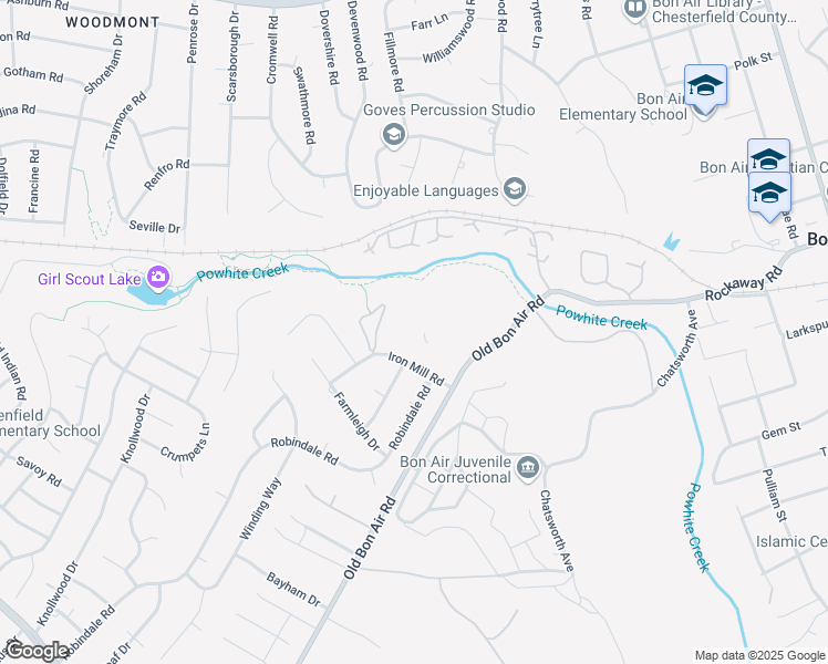 map of restaurants, bars, coffee shops, grocery stores, and more near 10182 Iron Mill Road in Richmond
