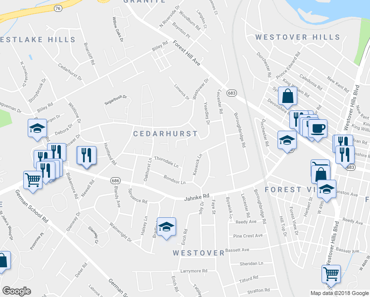 map of restaurants, bars, coffee shops, grocery stores, and more near 1500 Southern Pine Court in Richmond