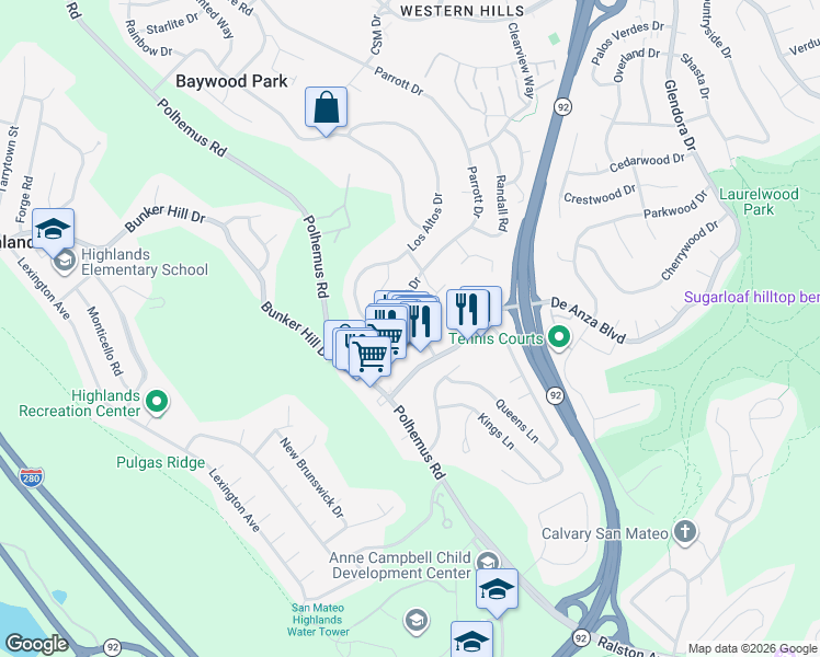 map of restaurants, bars, coffee shops, grocery stores, and more near 2005 Parrott Drive in San Mateo