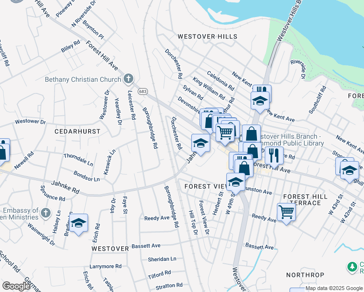 map of restaurants, bars, coffee shops, grocery stores, and more near 5111 Dorchester Road in Richmond