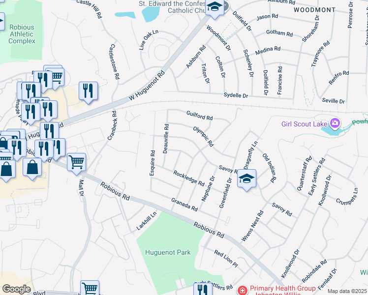 map of restaurants, bars, coffee shops, grocery stores, and more near 11018 Beechdale Road in Richmond