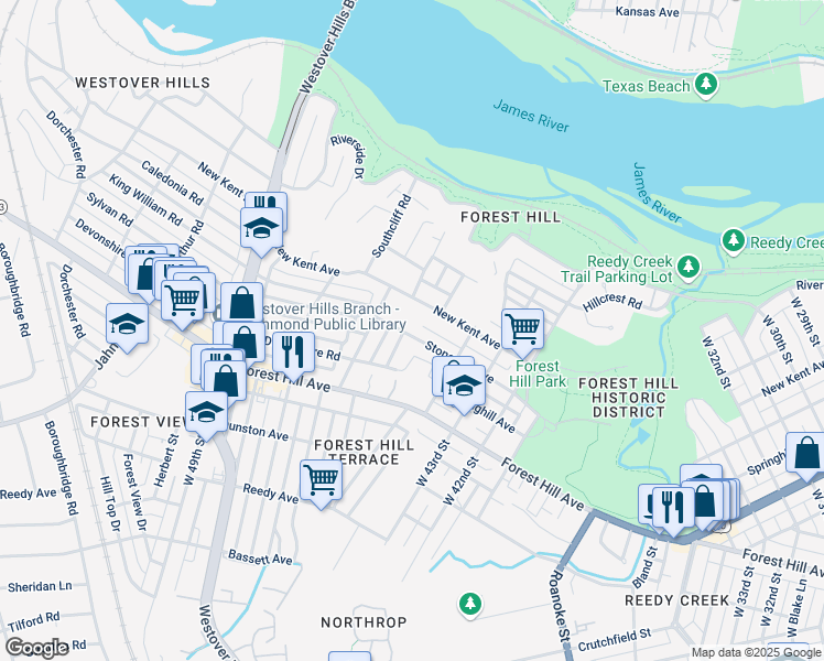 map of restaurants, bars, coffee shops, grocery stores, and more near 4421 Stonewall Avenue in Richmond