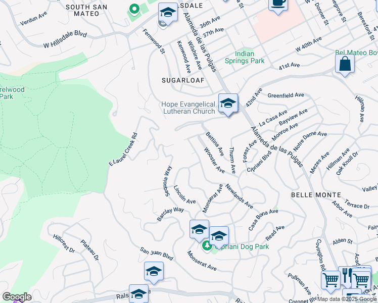 map of restaurants, bars, coffee shops, grocery stores, and more near 608 Highview Court in San Mateo