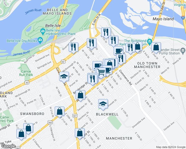 map of restaurants, bars, coffee shops, grocery stores, and more near 106 West 12th Street in Richmond