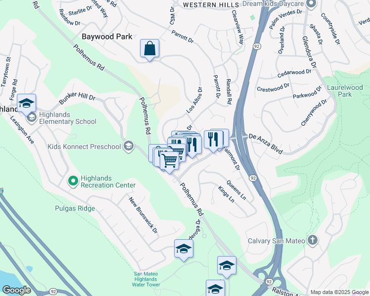 map of restaurants, bars, coffee shops, grocery stores, and more near 2003 Parrott Drive in San Mateo
