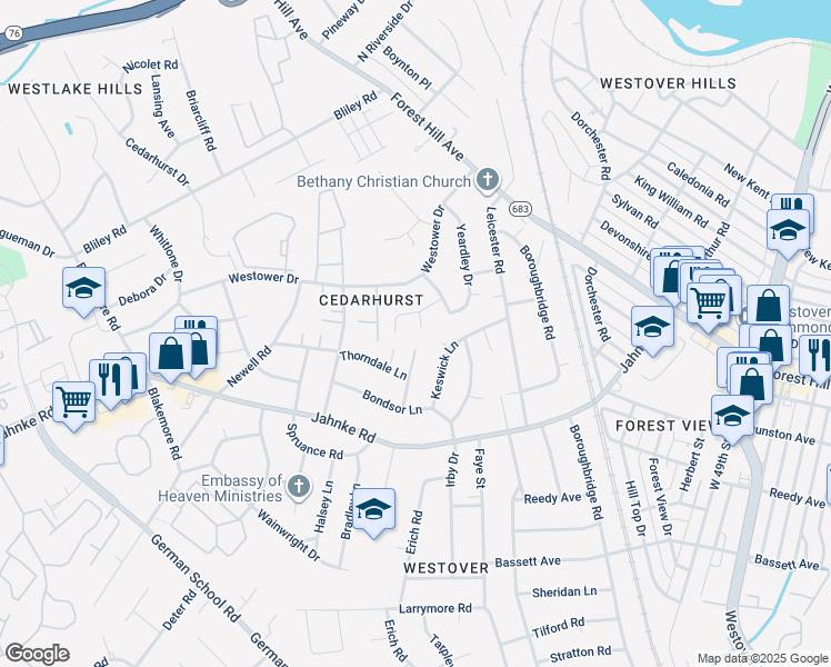 map of restaurants, bars, coffee shops, grocery stores, and more near 1500 Southern Pine Court in Richmond