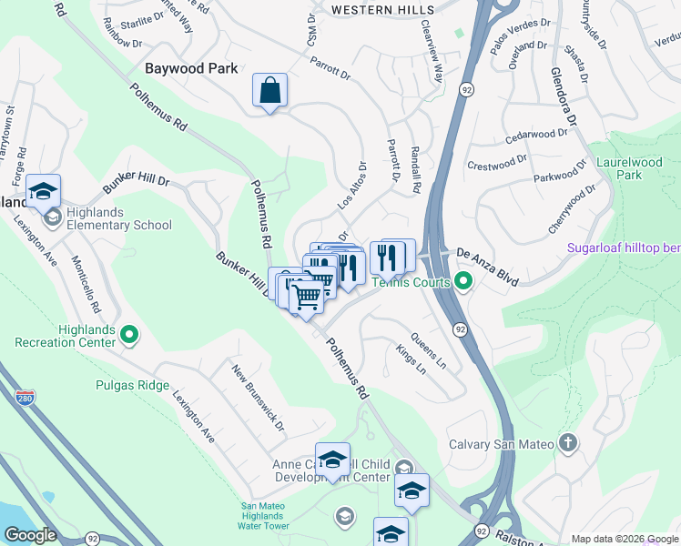 map of restaurants, bars, coffee shops, grocery stores, and more near 2005 Parrott Drive in San Mateo