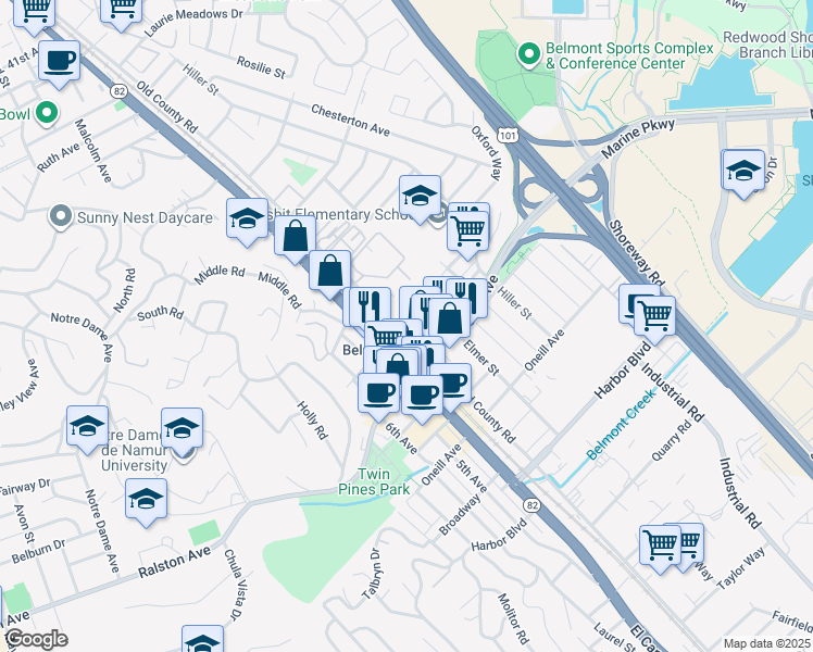 map of restaurants, bars, coffee shops, grocery stores, and more near 935 Old County Road in Belmont
