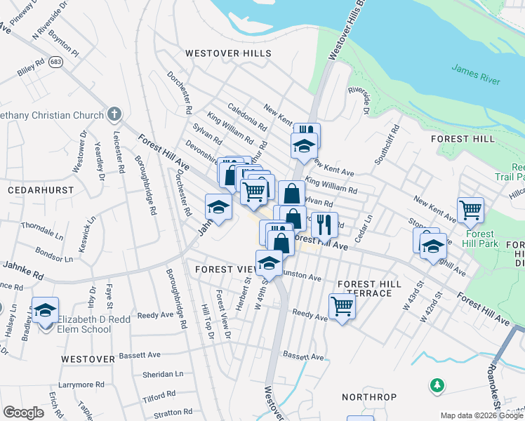 map of restaurants, bars, coffee shops, grocery stores, and more near 5035 Forest Hill Avenue in Richmond