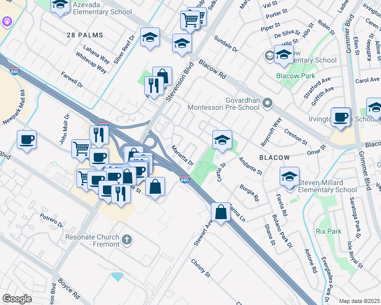 map of restaurants, bars, coffee shops, grocery stores, and more near 5458 Andromeda Circle in Fremont