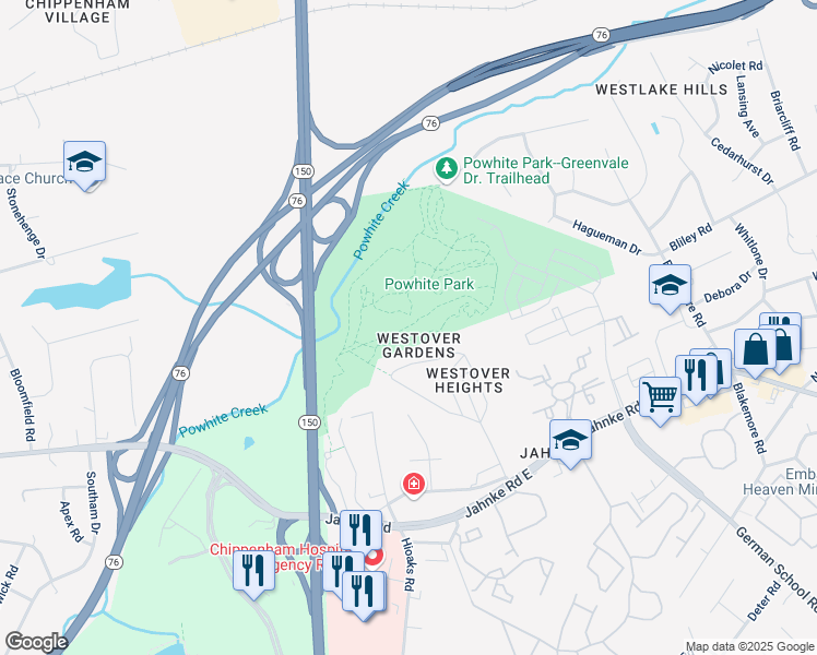 map of restaurants, bars, coffee shops, grocery stores, and more near Powhite Park Trails in Richmond