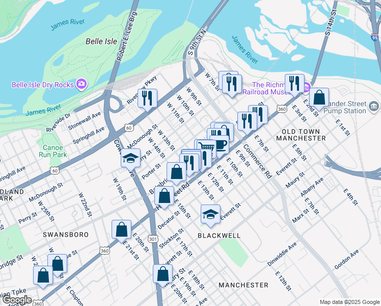 map of restaurants, bars, coffee shops, grocery stores, and more near 106 West 12th Street in Richmond