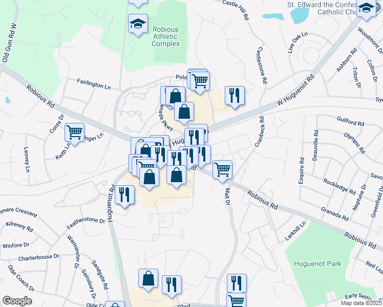 map of restaurants, bars, coffee shops, grocery stores, and more near 11400 Belvedere Vista Lane in Bon Air