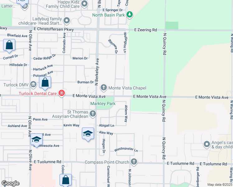 map of restaurants, bars, coffee shops, grocery stores, and more near 3200 Brookstone Drive in Turlock