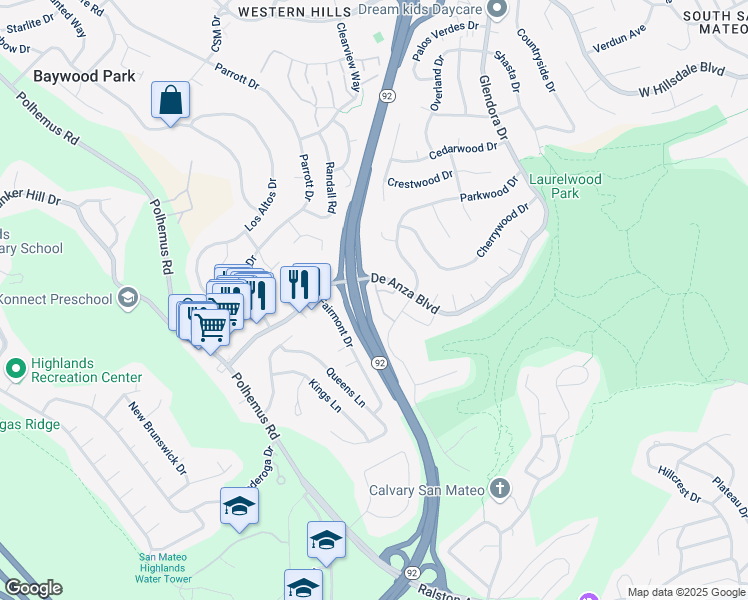 map of restaurants, bars, coffee shops, grocery stores, and more near 35 Denali Drive in San Mateo