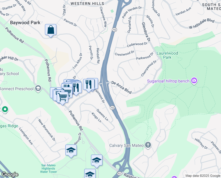map of restaurants, bars, coffee shops, grocery stores, and more near 35 Denali Drive in San Mateo