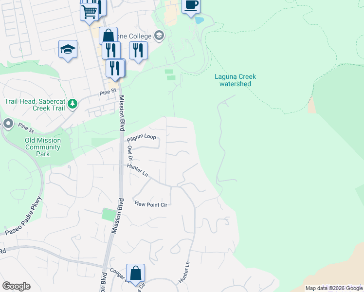 map of restaurants, bars, coffee shops, grocery stores, and more near 750 Vista Hill Terrace in Fremont