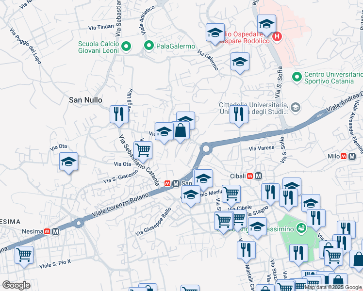 map of restaurants, bars, coffee shops, grocery stores, and more near 5 Via San Nullo in Catania