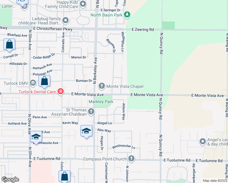 map of restaurants, bars, coffee shops, grocery stores, and more near 3200 Brookstone Drive in Turlock