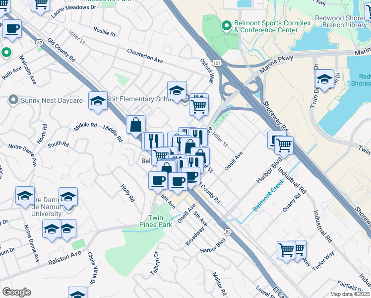 map of restaurants, bars, coffee shops, grocery stores, and more near 640 Masonic Way in Belmont