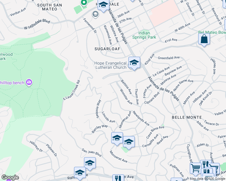 map of restaurants, bars, coffee shops, grocery stores, and more near 4215 Highview Drive in San Mateo