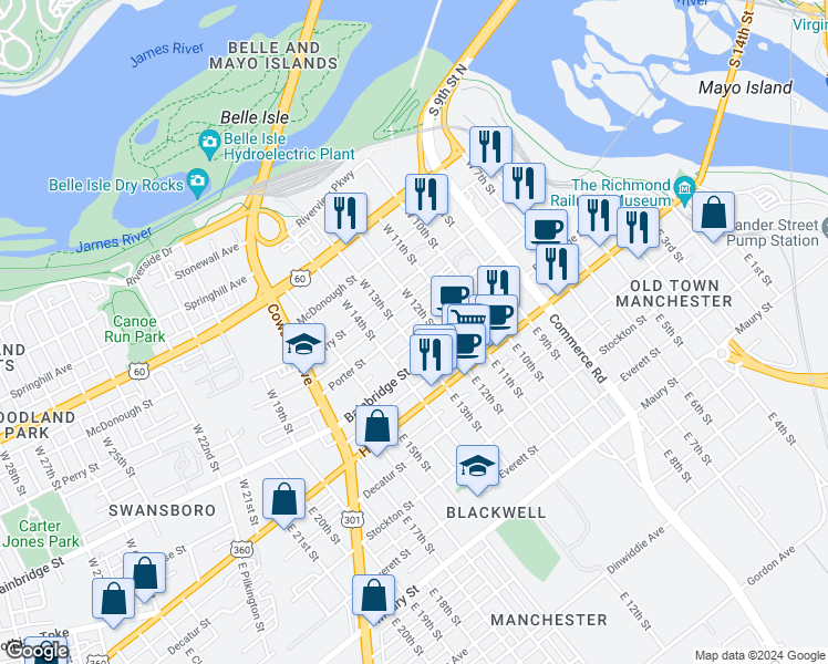 map of restaurants, bars, coffee shops, grocery stores, and more near 1211 Porter Street in Richmond