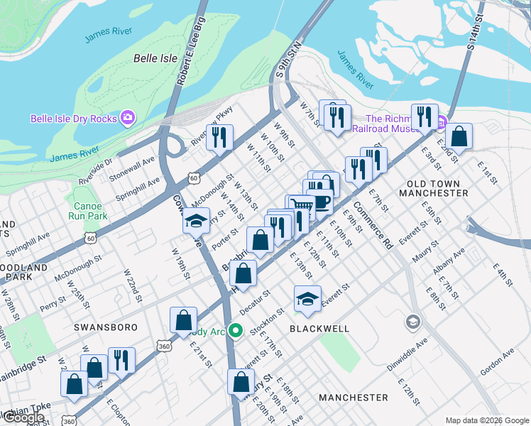 map of restaurants, bars, coffee shops, grocery stores, and more near 1211 Porter Street in Richmond