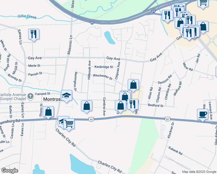 map of restaurants, bars, coffee shops, grocery stores, and more near 3205 Denver Street in Henrico