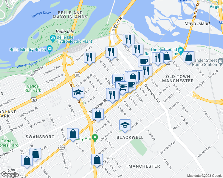 map of restaurants, bars, coffee shops, grocery stores, and more near 110 West 12th Street in Richmond