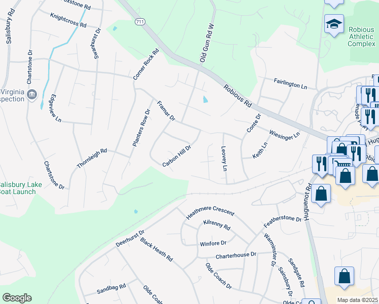 map of restaurants, bars, coffee shops, grocery stores, and more near 2141 Carbon Hill Drive in Midlothian