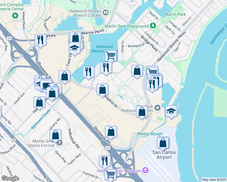 map of restaurants, bars, coffee shops, grocery stores, and more near 333 Twin Dolphin Drive in Redwood City