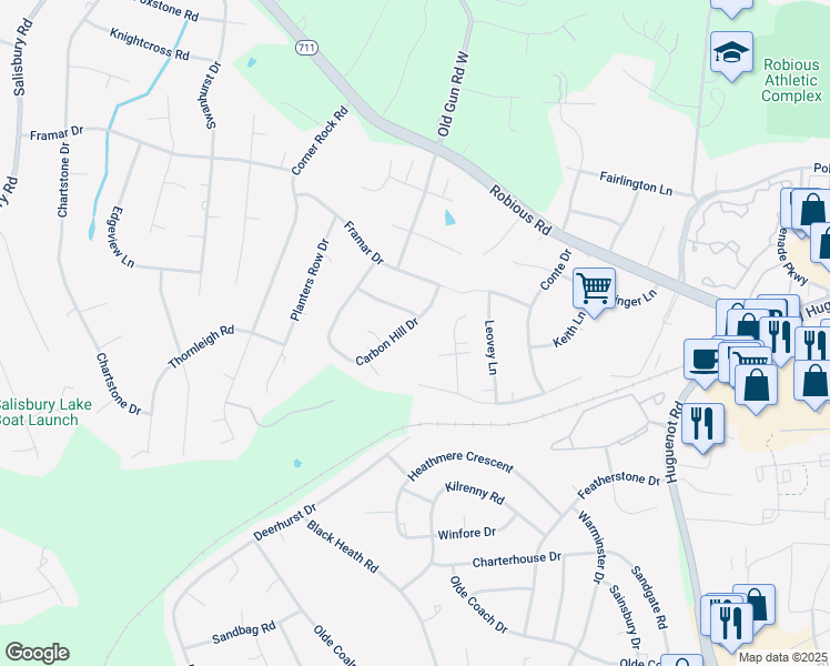 map of restaurants, bars, coffee shops, grocery stores, and more near 2141 Carbon Hill Drive in Midlothian